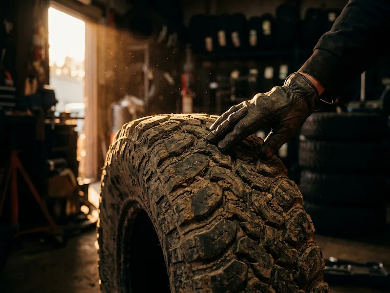 Gloved hand running across the deep tread lugs of an off-road powersports tire in a workshop