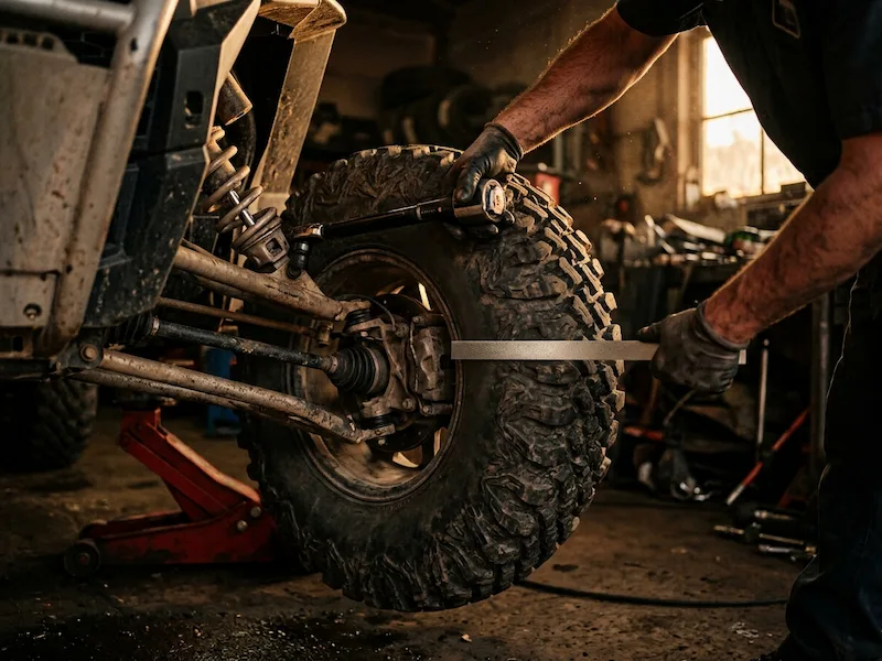 Tape measure held against the sidewall of a knobby tire being fitted to a UTV wheel hub