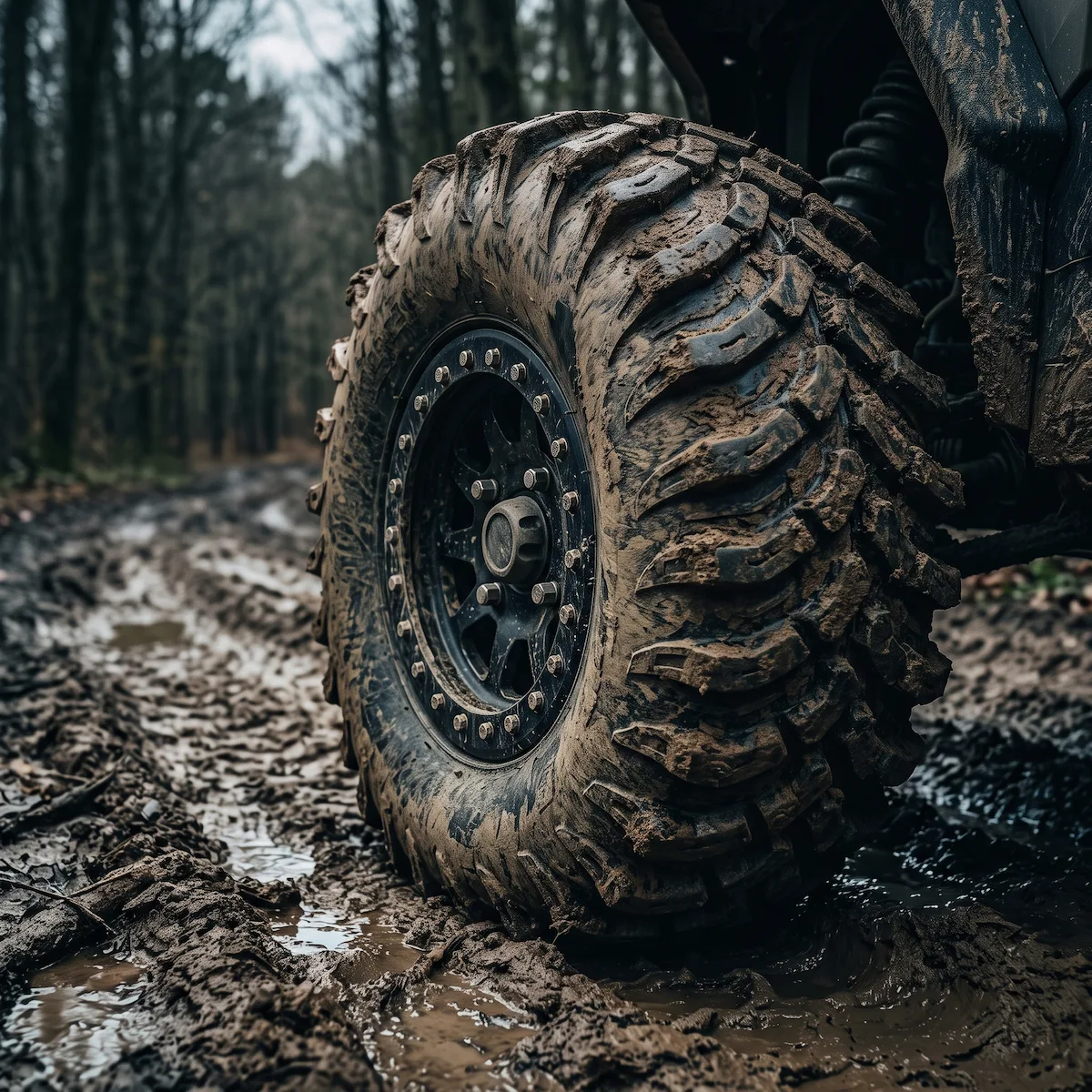 A set of INVICTA M2 EVIL tires showing the deep directional chevron lugs clearing packed clay