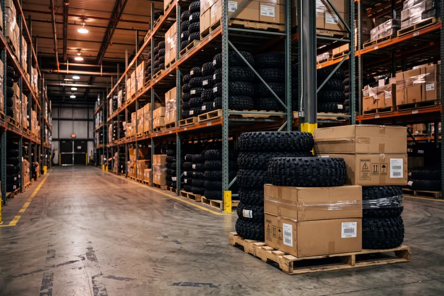 Stack of wholesale tire boxes in a warehouse