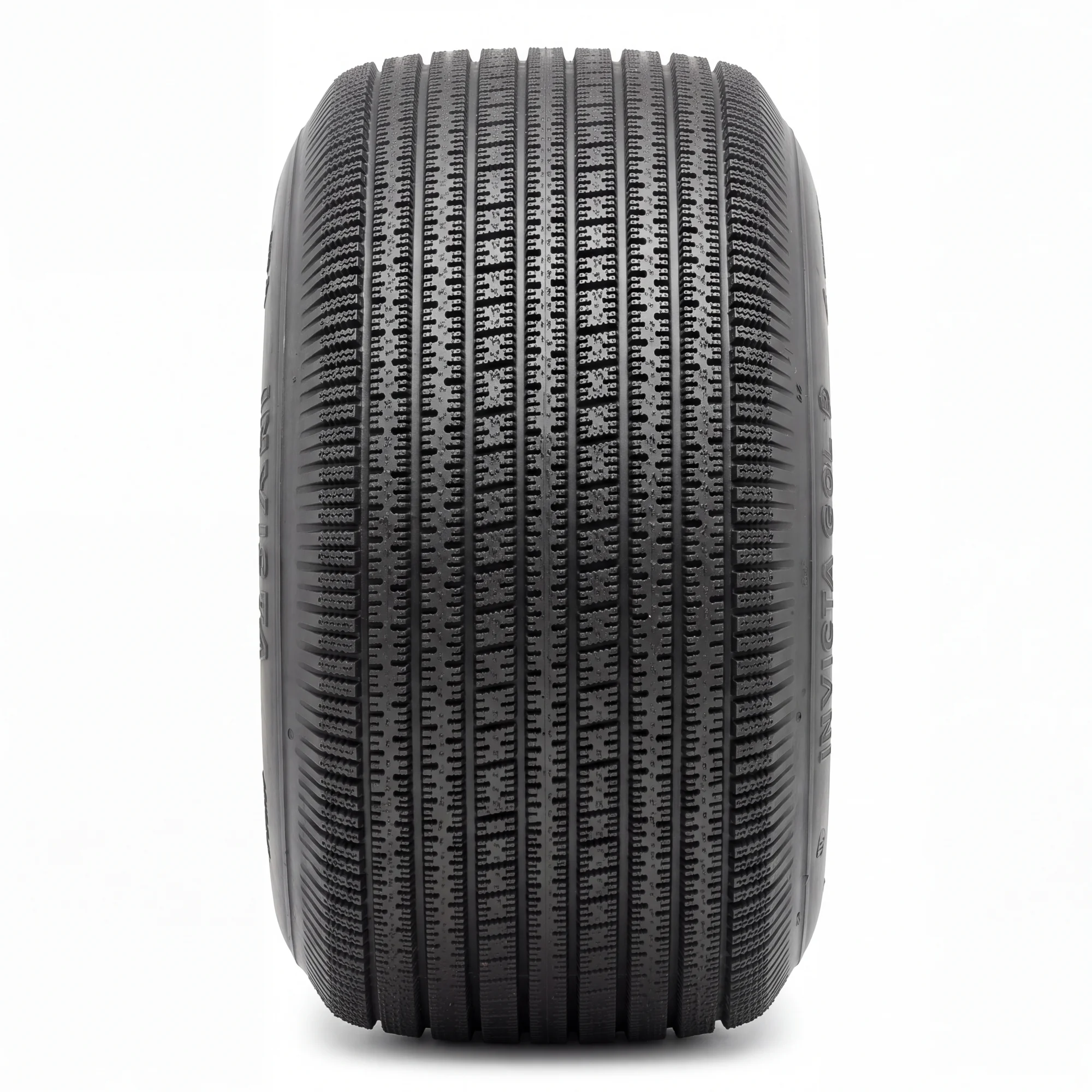 INVICTA GOLF PRO turf-saver seen head-on, showing a fine sawtooth tread of shallow zigzag ribs designed to roll over grass without tearing it